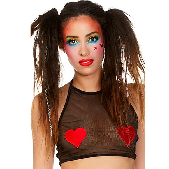 Sheer Mesh Halter Crop Top with Red Heart Patches - Picture 1 of 3
